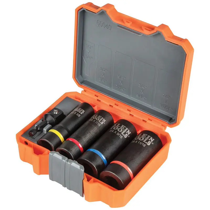 Juego de Socket de Impacto 2 en 1 de 12 Puntos - 5 Piezas en medida de 3/8" a 7/8" x 1/2" - Klein Tools